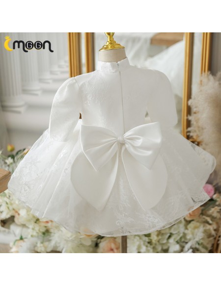 White Lace Ruffled Ballgown Flower Girl Dress with Sleeves