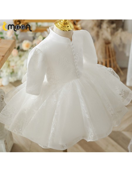 White Lace Ruffled Ballgown Flower Girl Dress with Sleeves
