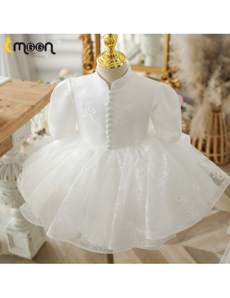 White Lace Ruffled Ballgown Flower Girl Dress with Sleeves