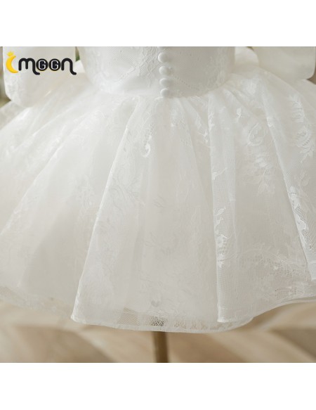 White Lace Ruffled Ballgown Flower Girl Dress with Sleeves