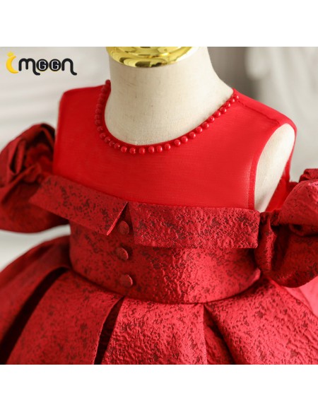 Burgundy Red Cold Shoulder Girls Party Dress with Ruffles