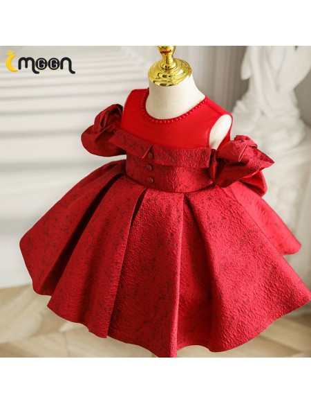 Burgundy Red Cold Shoulder Girls Party Dress with Ruffles