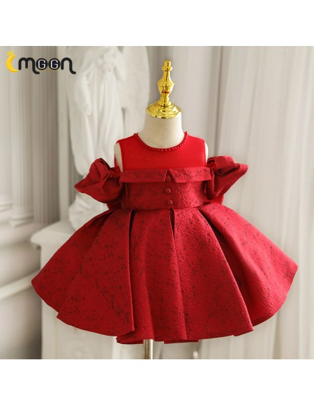 Burgundy Red Cold Shoulder Girls Party Dress with Ruffles