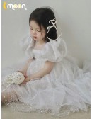 Fairytale White Tulle Sequined Flower Girl Dress with Bubble Sleeves