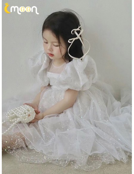 Fairytale White Tulle Sequined Flower Girl Dress with Bubble Sleeves