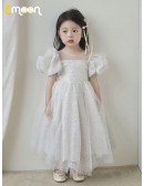 Fairytale White Tulle Sequined Flower Girl Dress with Bubble Sleeves