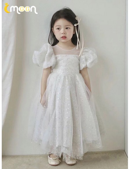 Fairytale White Tulle Sequined Flower Girl Dress with Bubble Sleeves