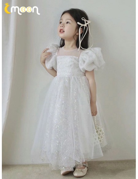 Fairytale White Tulle Sequined Flower Girl Dress with Bubble Sleeves