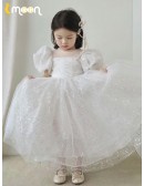 Fairytale White Tulle Sequined Flower Girl Dress with Bubble Sleeves