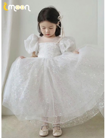 Fairytale White Tulle Sequined Flower Girl Dress with Bubble Sleeves