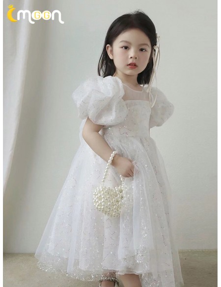 Fairytale White Tulle Sequined Flower Girl Dress with Bubble Sleeves