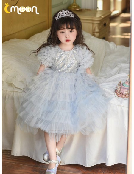 Princess Grey Tiered Tulle Flower Girl Dress with Sleeves