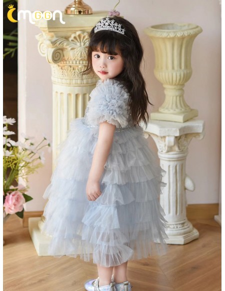 Princess Grey Tiered Tulle Flower Girl Dress with Sleeves