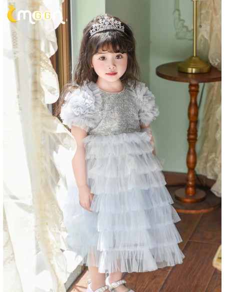 Princess Grey Tiered Tulle Flower Girl Dress with Sleeves