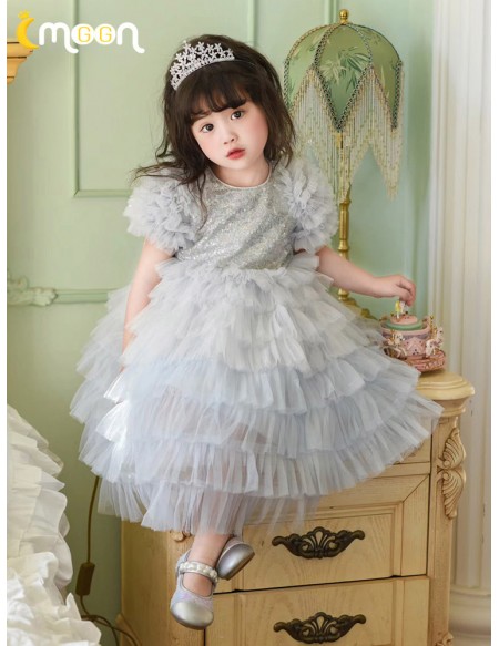 Princess Grey Tiered Tulle Flower Girl Dress with Sleeves