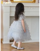 Princess Grey Tiered Tulle Flower Girl Dress with Sleeves