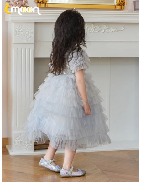 Princess Grey Tiered Tulle Flower Girl Dress with Sleeves