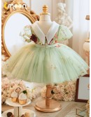 Green Tulle Ballgown Flowers Cute Flower Girl Dress with Sleeves