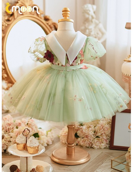 Green Tulle Ballgown Flowers Cute Flower Girl Dress with Sleeves