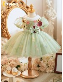Green Tulle Ballgown Flowers Cute Flower Girl Dress with Sleeves