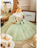 Green Tulle Ballgown Flowers Cute Flower Girl Dress with Sleeves