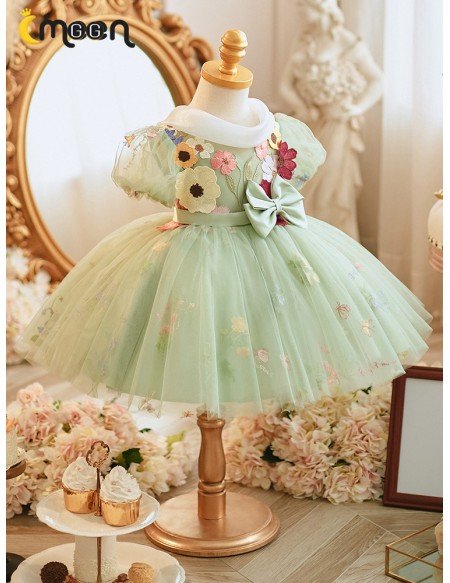 Green Tulle Ballgown Flowers Cute Flower Girl Dress with Sleeves
