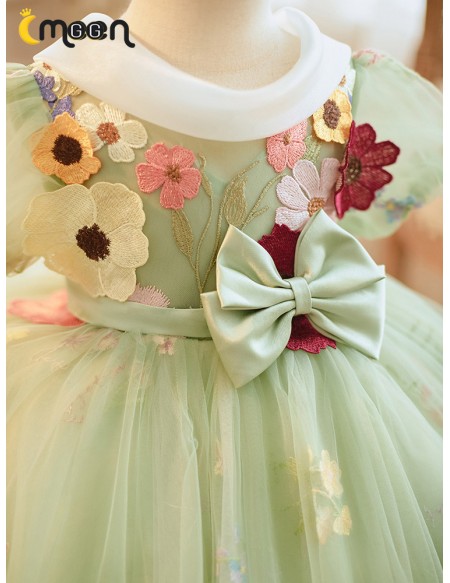 Green Tulle Ballgown Flowers Cute Flower Girl Dress with Sleeves