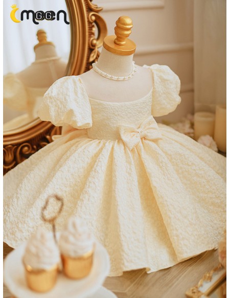 Champagne Ruffled Ballgown Toddler Flower Girl Dress with Bubble Sleeves