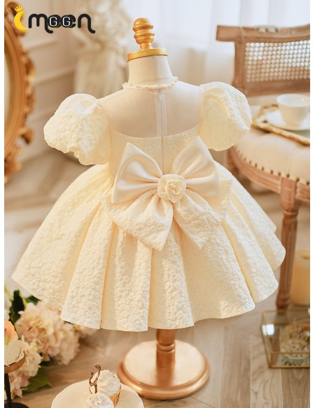 Champagne Ruffled Ballgown Toddler Flower Girl Dress with Bubble Sleeves