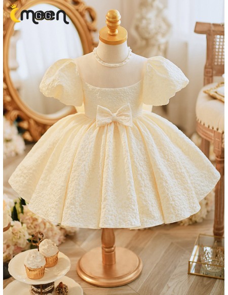 Champagne Ruffled Ballgown Toddler Flower Girl Dress with Bubble Sleeves
