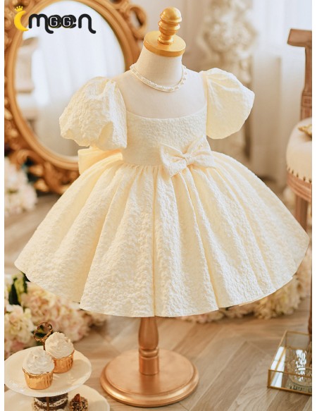 Champagne Ruffled Ballgown Toddler Flower Girl Dress with Bubble Sleeves