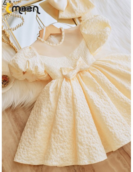 Champagne Ruffled Ballgown Toddler Flower Girl Dress with Bubble Sleeves