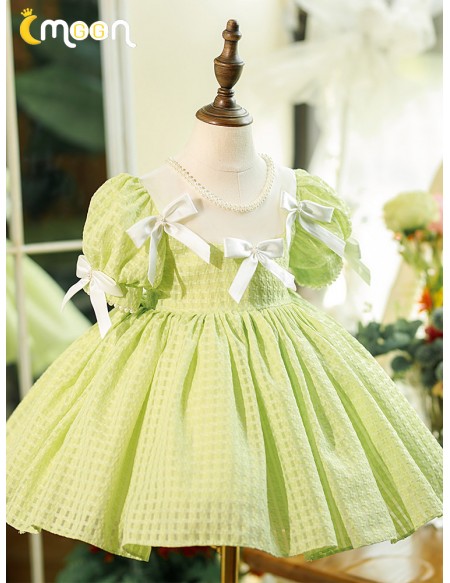 Super Cute Bow Knot Green Ruffled Girls Party Dress with Bubble Sleeves