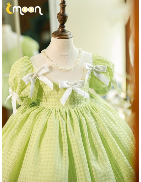 Super Cute Bow Knot Green Ruffled Girls Party Dress with Bubble Sleeves