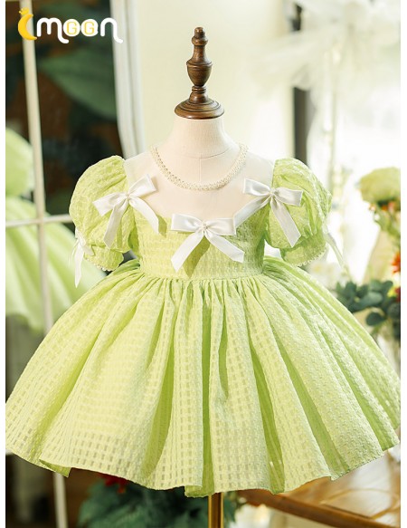 Super Cute Bow Knot Green Ruffled Girls Party Dress with Bubble Sleeves