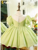 Super Cute Bow Knot Green Ruffled Girls Party Dress with Bubble Sleeves