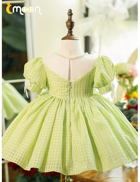 Super Cute Bow Knot Green Ruffled Girls Party Dress with Bubble Sleeves