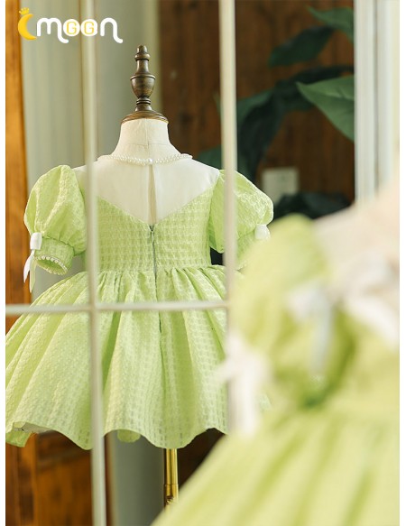 Super Cute Bow Knot Green Ruffled Girls Party Dress with Bubble Sleeves