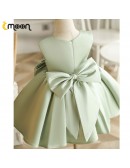 Simple Green Satin Sleeveless Flower Girl Dress with Bow