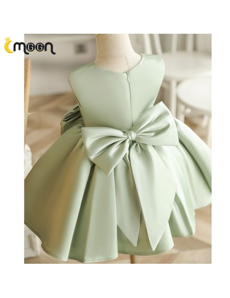 Simple Green Satin Sleeveless Flower Girl Dress with Bow