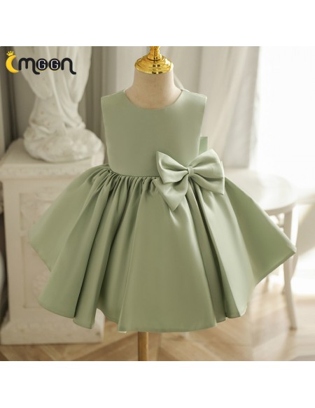 Simple Green Satin Sleeveless Flower Girl Dress with Bow