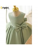 Simple Green Satin Sleeveless Flower Girl Dress with Bow