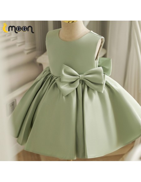Simple Green Satin Sleeveless Flower Girl Dress with Bow