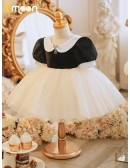 Black And White Baby Collar Puffy Tulle Flower Girl Dress with Sleeves