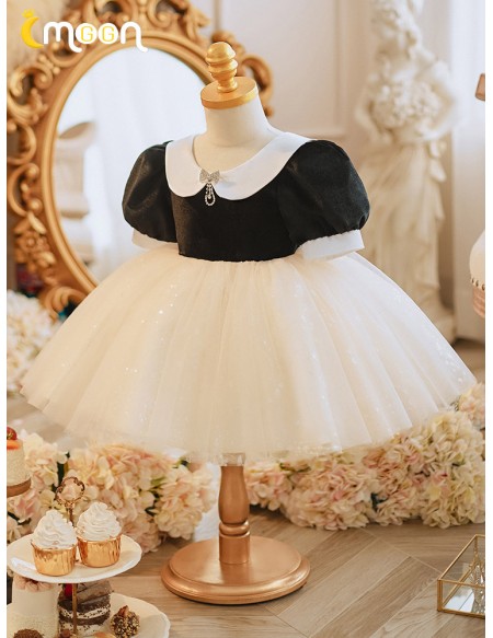 Black And White Baby Collar Puffy Tulle Flower Girl Dress with Sleeves
