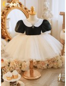 Black And White Baby Collar Puffy Tulle Flower Girl Dress with Sleeves