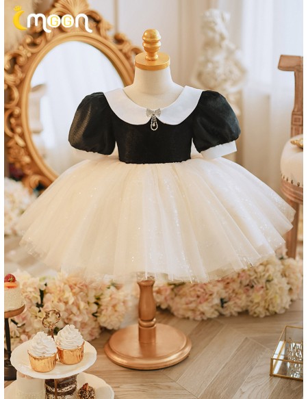 Black And White Baby Collar Puffy Tulle Flower Girl Dress with Sleeves