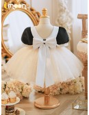 Black And White Baby Collar Puffy Tulle Flower Girl Dress with Sleeves
