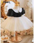 Black And White Baby Collar Puffy Tulle Flower Girl Dress with Sleeves