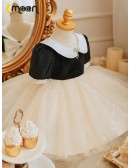 Black And White Baby Collar Puffy Tulle Flower Girl Dress with Sleeves